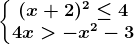 \left\\beginmatrix (x+2)^2\leq 4\\4x>-x^2-3 \endmatrix\right.